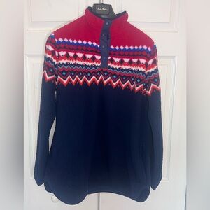 Lands' End Women’s Henley Tunic Jacket sweater blue fair isle chevron L